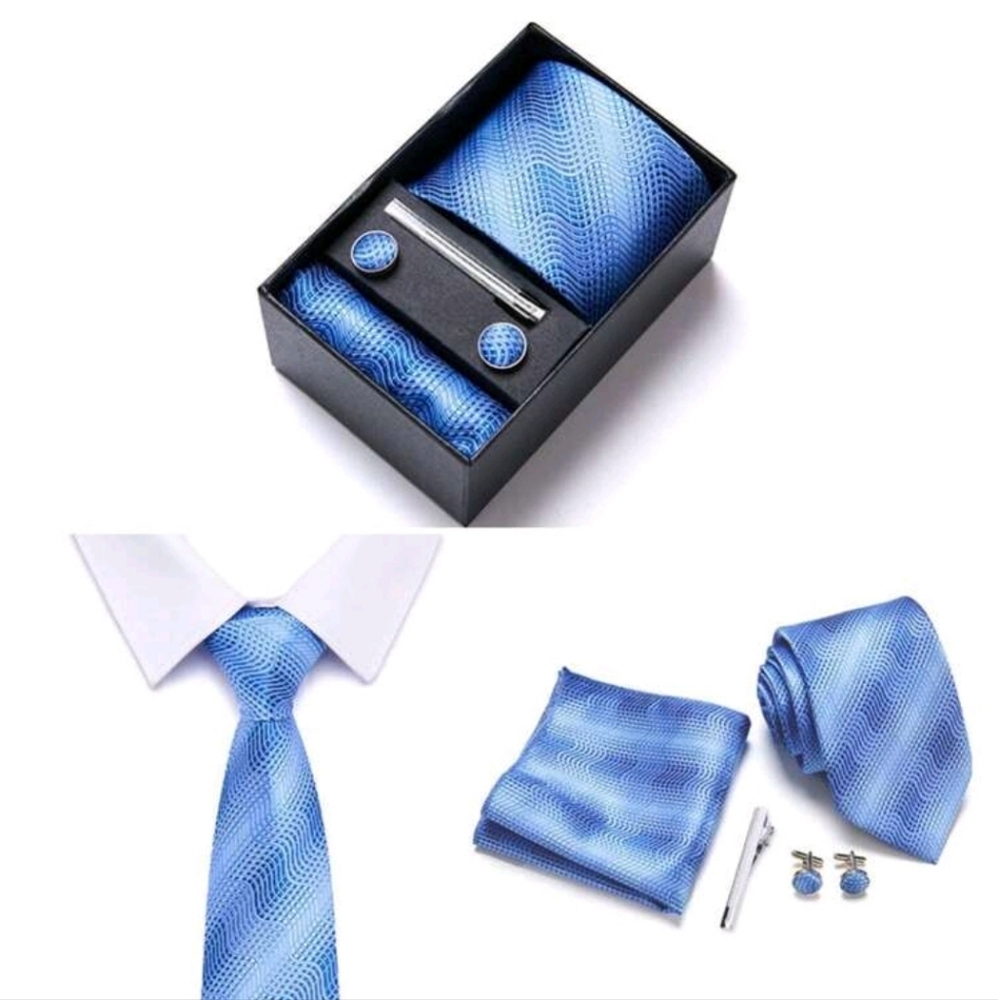 Mens Light Blue Wavy Geometric Necktie Set Pocket Square Cufflinks Tie Bar